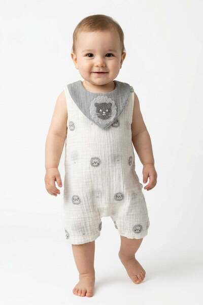 dinamik çocuk Baby boy muslin romper summer strappy cotton lion embroidered p...