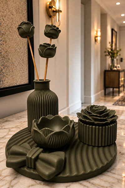 Gizem Design Products Fiyonklu Dekoratif Salon Seti (Haki)