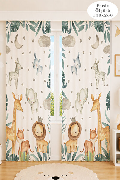Decora Kids Baby Safari Hayvanları Desenli 2 Kanat Çocuk Odası Fon Perde , Ba...