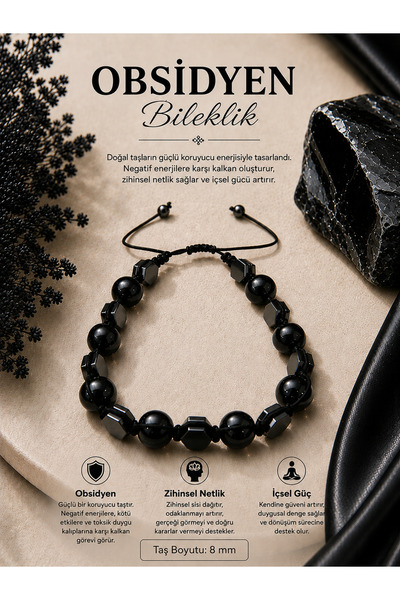 OSMANLI DOĞAL TAŞ Sertifikalı Obsidyen Hematit Bileklik ( 8 MM Makrome Kapama )