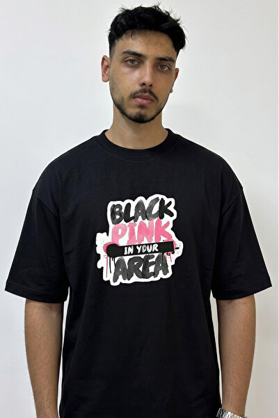Anetos تي شيرت أسود كبير الحجم مطبوع بتصميم BLACK PINK_3