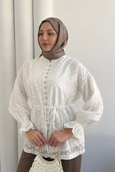 Modaensarbutik Vual Kumaş Çiçek Desenli Önü Düğmeli Gömlek-BEYAZ