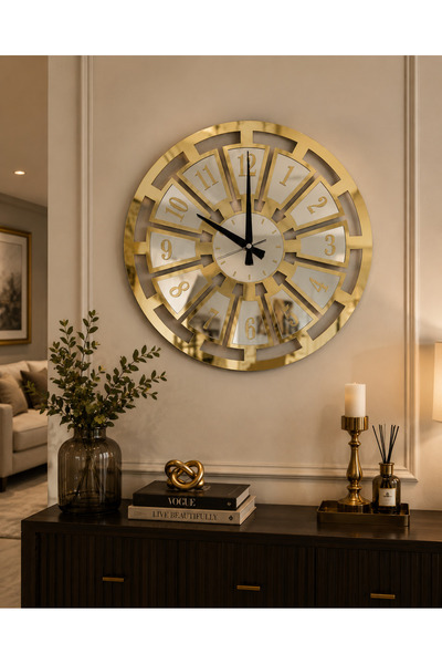 MORPELA Gold Pleksi Ayna Gümüş Pleksi Aynalı Duvar Saati 45 cm Sessiz Akar Me...
