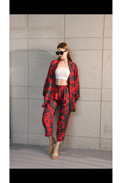 PECAMOOD Kırmızı desenli kimono takım