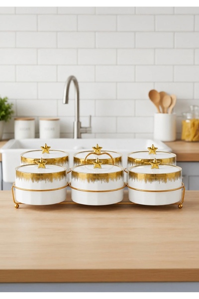 CEZVE HOME 6-Piece Porcelain Gold Breakfast Set with Lid and Metal Stand Pres...