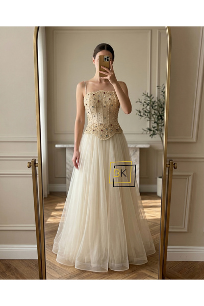 Generic Rhinestone Corset Evening Gown with Tulle Princess Skirt