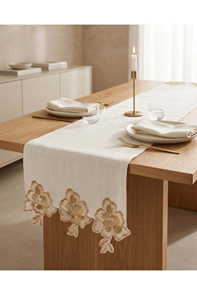 REDTAG Ivory Cotton Floral Applique Embroidered Table Runner
