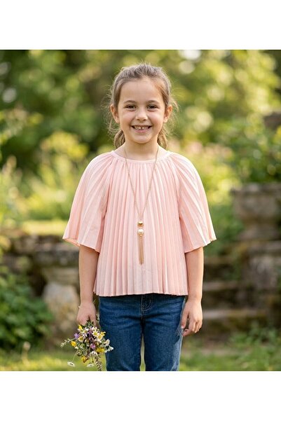 CUENTO KIDS Girl's Trendy Pleated Bat Sleeve Blouse with Accessories
