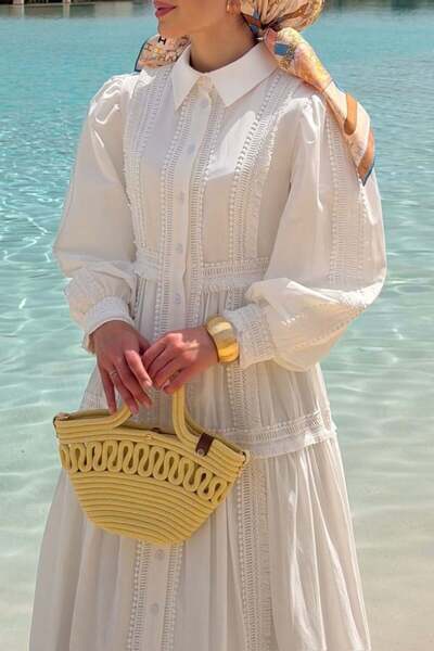 Şule Giyim Belinda Guipure Detailed Dress White