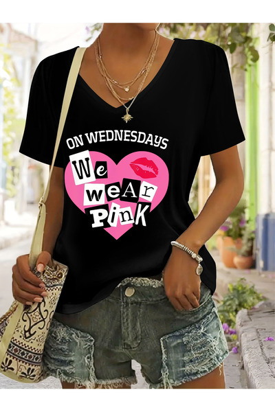 Deocept Women's Heart Printed V-Neck Sleeves Regular Fit Comfortable T-Shirt