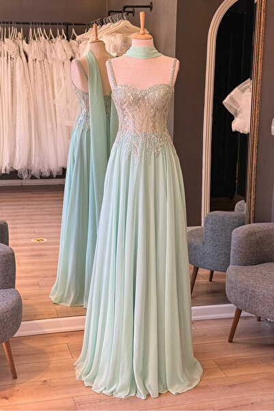 Lenta Moda Su Yeşili Yaprak Desen Dantel Detaylı Şal Hediyeli Şifon Abiye Ve ...