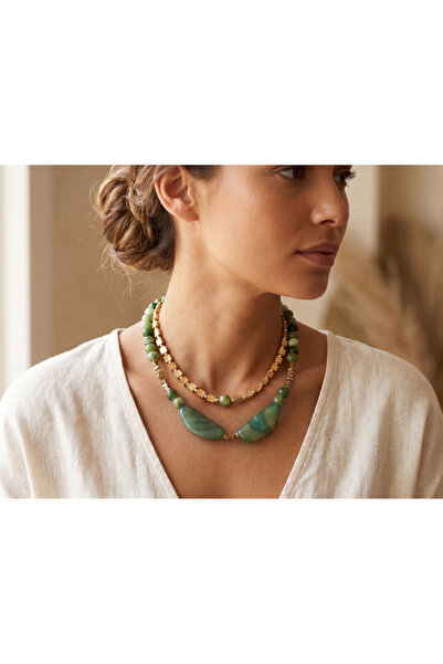 Retrovy Store Double Row Green Natural Stone Necklace with Gold Cube Detail