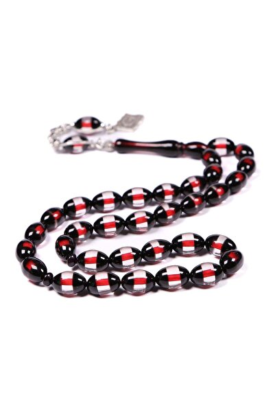 TESBİHKENTİ Black Red Vermicelli Powdered Amber Prayer Beads 12X8 mm