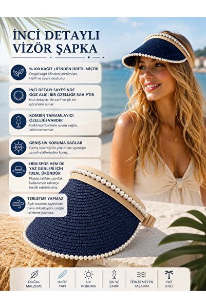 Dev Pearl Detail 100% Paper Fiber Wide Uv Protection Women's Visor Hat