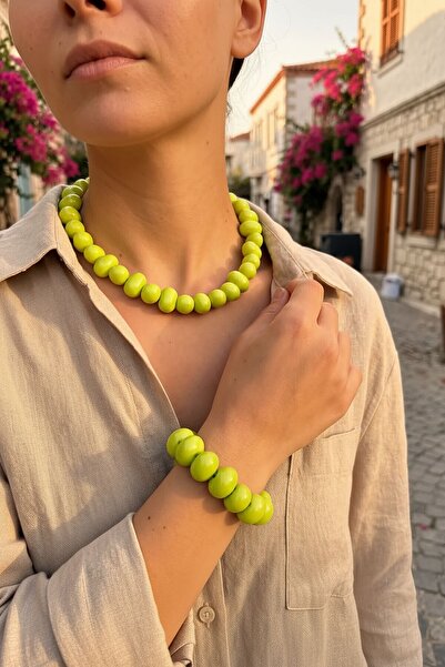 bacc Light Green Big Stone Modern Style Ethnic Bracelet Necklace Set