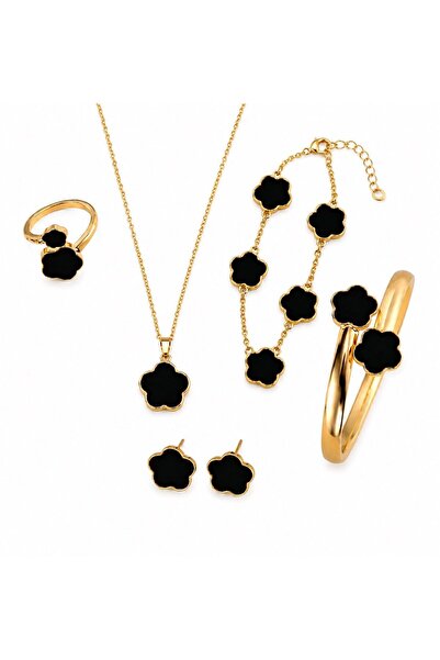 Nevara Luxury Gold Color Black Flower Jewelry Set for Women-(Necklace+Bracele...