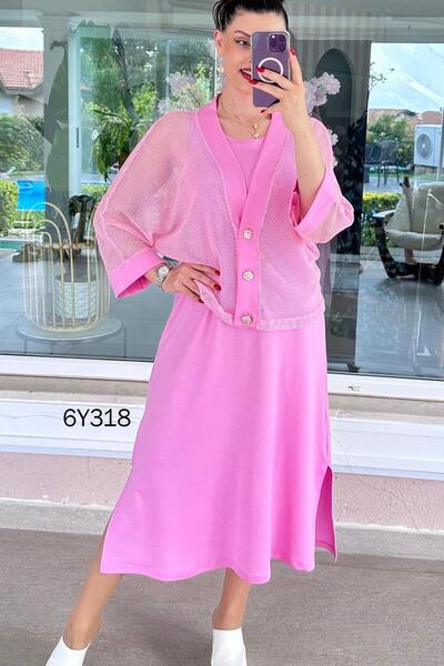 İnce Topuk Mesh Cardigan Modal Fabric Dress Set 6Y318