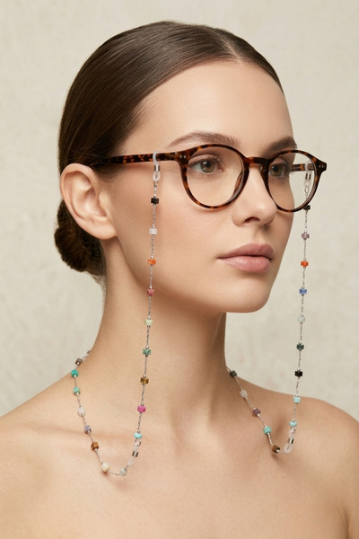 PETEK AKSESUAR Elegant Cube Natural Stone Brass Eyeglass Chain