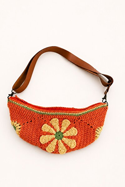 Clandestino Vegan Leather Handle Hand Knitted Waist Bag Orange