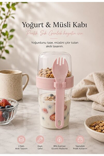 Store HGY Home Kaşıklı Yoğurt ve Müsli Kabı - Taşınabilir 2 Katlı Atıştırmalı...