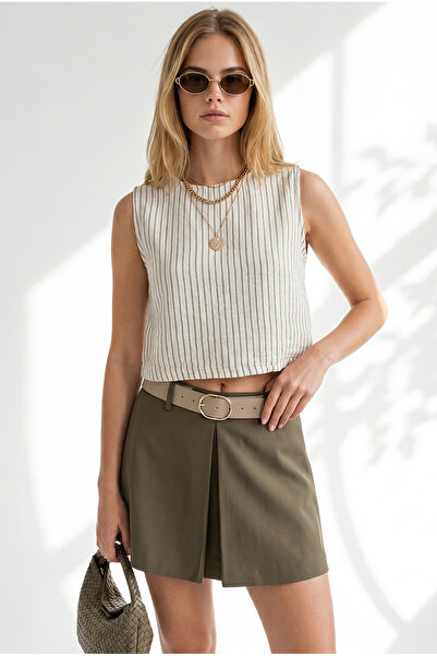 Olalook Women's Ecru Khaki Striped Crop Muslin Blouse Blz-19003416