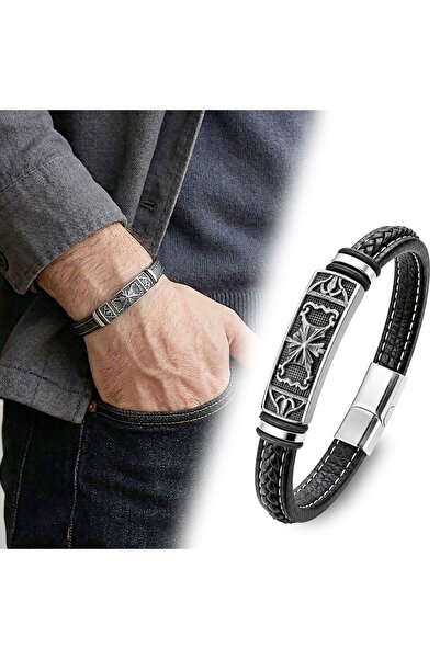 OGHAMAY Knight's Coat of Arms Motif Steel Locking Black Leather Men's Bracele...