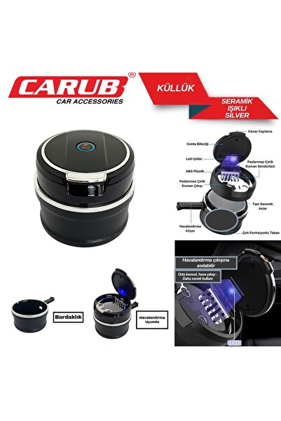 Carub Seramik LED Işıklı Araç Küllüğü Silver – Havalandırma ve Bardaklık Uyumlu