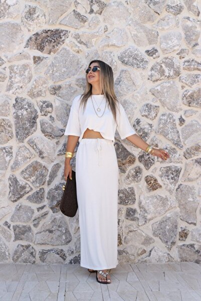 bytugcekaya طقم تنورة تي شيرت مودال أبيض