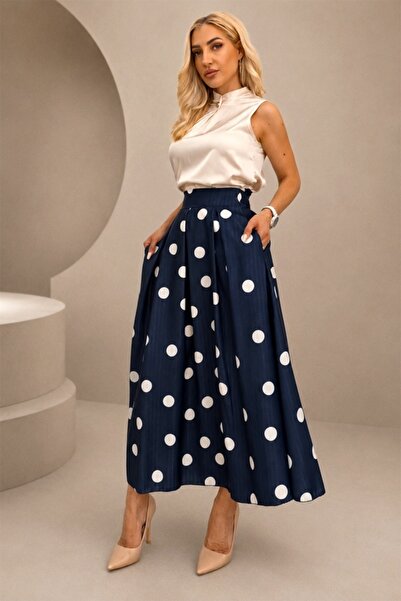 FashionForYou Μακριά φούστα πουά Πετρονέλα, φιόγκος στη μέση και τσέπες, Ναυτ...