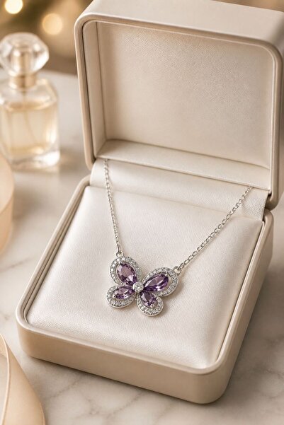 LYKOS Steel Chain Silver Color Purple Butterfly Model Women's Necklace