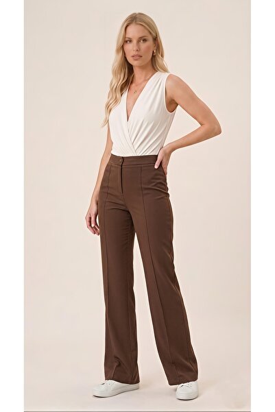 moda benna Women's Light Brown Crepe Palazzo Trousers with Elastic Waist, Ful...