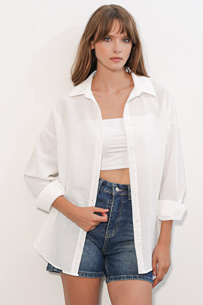 Merterium Women's Oversize Linen Shirt 1538 - White