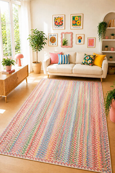 Toronto Home Dijital Baskı Hasır Görünümlü Kaymaz Yıkanabilir Renkli Salon Ha...