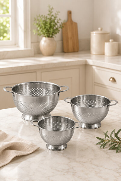 welcomein Paslanmaz Çelik Ayaklı Süzgeç 3’lü Set | 1,5 L + 3 L + 5 L Makarna,...