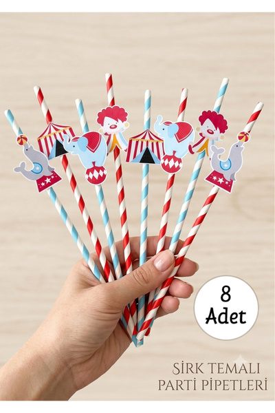 parti pera Sirk Temalı Kırmızı Mavi Beyaz Pipet 8 Adet