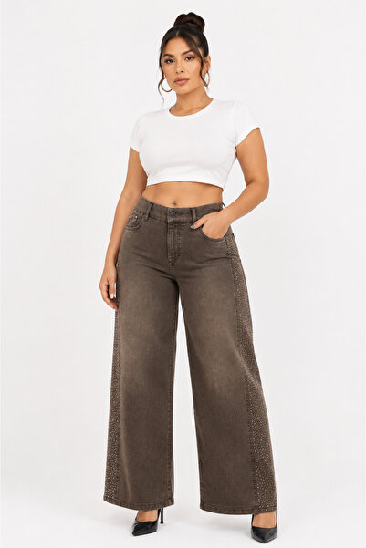 ZANESSİ FASHION Plus Size Denim Stoned High Waist Wide Leg Women's Trousers