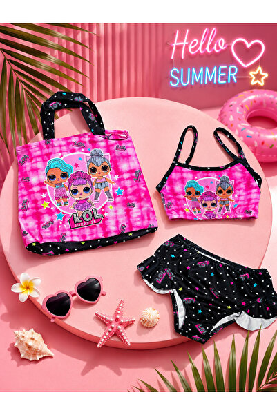melek Kız Çocuk Desenli Bikini Takımı Plaj Çantalı Yazlık Deniz Seti