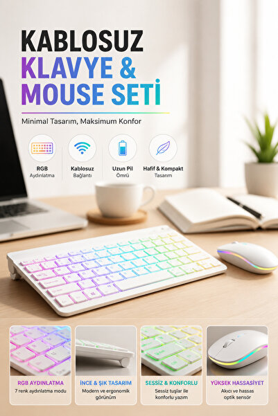 Genel Markalar Bluetooth 5.2 Destekli Kablosuz Mini RGB Klavye Ultra İnce