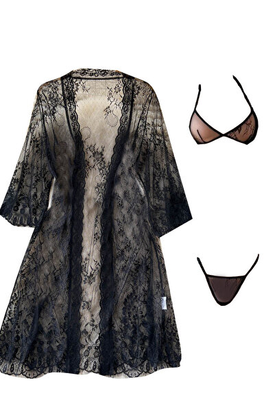 Generic Black Floral Sheer Lace Robe Lingerie 3 Pieces Set For Women, V Neck ...