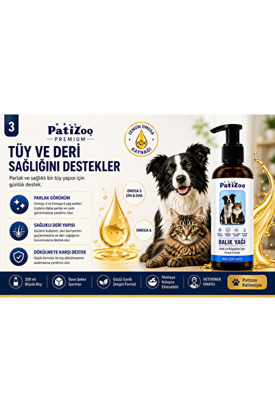 Patizoo Fish Oil 200 ml | Kedi ve Köpekler İçin Omega 3 & Omega 6, EPA DHA Balık Yağı, Tüy ve Deri Sağlığı Destekleyici Pet Supplement