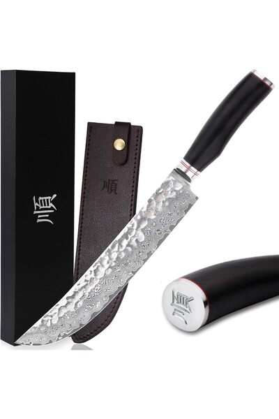 YOUSUNLONG Butcher knife with curved blade made of forged Japanese Damascus s...