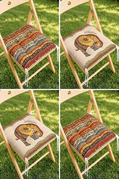 Home 4’lü Etnik Fil ve Kilim Desenli Bağcıklı Pofidik Sandalye Minderi Seti