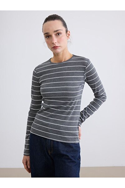 LC Waikiki Lcwaikiki Basic Anthracite Crew Neck Striped Women's Bodysuit