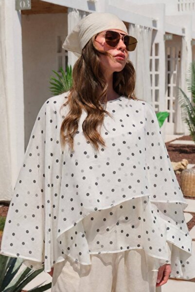 Suziş Polka Dot Ecru Flying Cape Bluse 5088