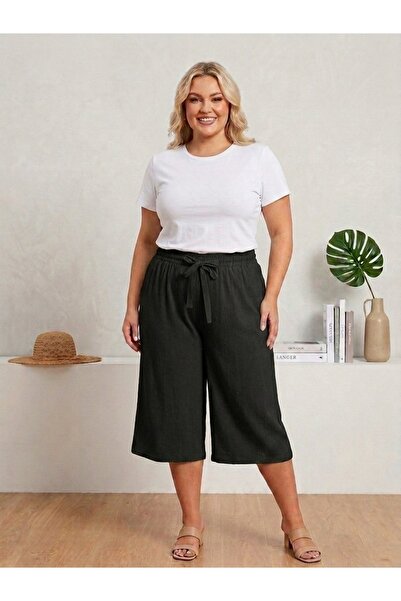 Eyfuze Women's Plus Size Wrinkled Fabric Wide Leg Elastic Waist Capri Pants