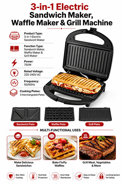 Baytix HOME 3-in-1 Electric Sandwich Maker, Waffle Maker & Grill Machine 750W...