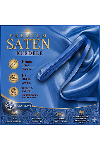 edalle Saks Mavi Saten Kurdele 1 Cm 10 Metre, Özel Gün Hediye Süsleme Kurdelesi