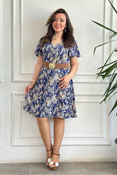 yb yağmur butik Angel Sleeve Spray Pattern V-Neck Viscon Dress