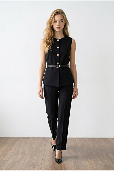 oyagüler Women's Black Belted Gold Buttoned Carrot Pants Vest Suit Yy101415