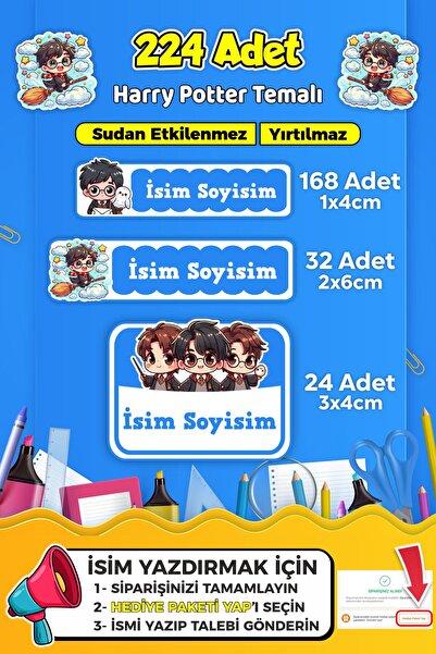SB store Okul Kreş Kişiye Özel isim Etiket Seti Harry Potter Temalı - Model 725